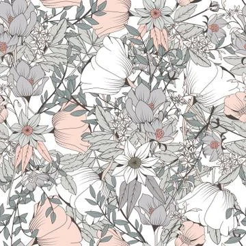 Seamless pattern design with hand drawn flowers and floral elements Stock Illustration