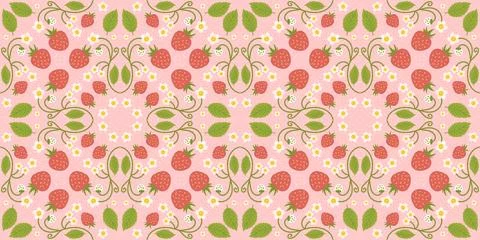 Seamless pattern design highlighting strawberries, cute berries, flowers, gre Stock Illustration