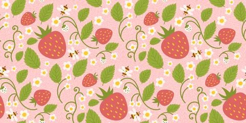 Seamless pattern design highlighting strawberries, cute berries, flowers, green Stock Illustration
