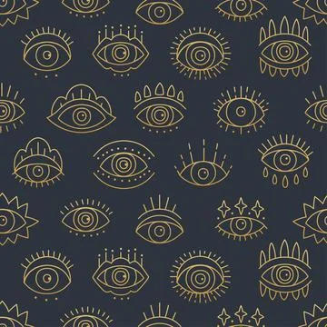 Seamless pattern design with Line art icon of evil seeing eye. Stock Illustration