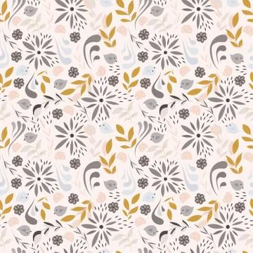 Seamless pattern design with little flowers, floral elements, birds Illustrazione stock