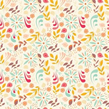 Seamless pattern design with little flowers, floral elements, birds Stock Illustration
