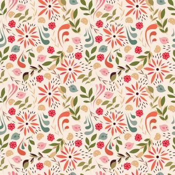 Seamless pattern design with little flowers, floral elements, birds イラスト素材