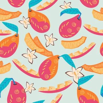 Seamless pattern design with mango fruits and flowers vector illustration. Stock Illustration