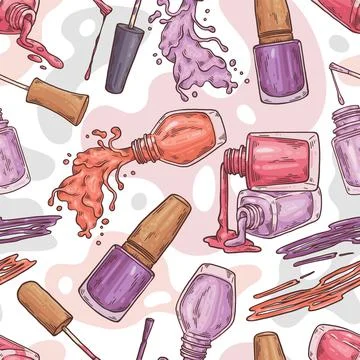 Seamless pattern design with nail lacquer bottles, sketch vector illustration. Illustrazione stock