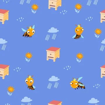 Seamless pattern for design. Nature in summer, cute bees fly near beehive Stock Illustration