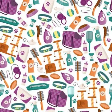 Seamless pattern design with pet care accessories, flat vector illustration. Stock Illustration