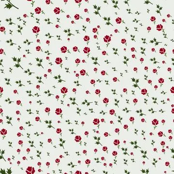Seamless pattern design of red flower buds and green stems on neutral backg.. Stock Illustration