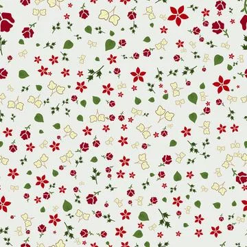 Seamless pattern design of red flowers and green foliage on neutral backgroun Illustrazione stock