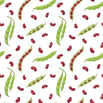 Seamless pattern design with red kidney bean plant, flat vector illustration. Illustrazione stock