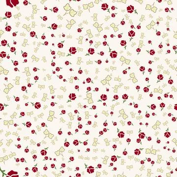 Seamless pattern design of red roses and small green buds on neutral backgrou Stock Illustration
