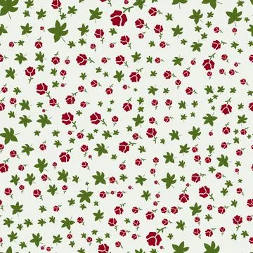 Seamless pattern design of red roses and green leaves on neutral background Stock Illustration