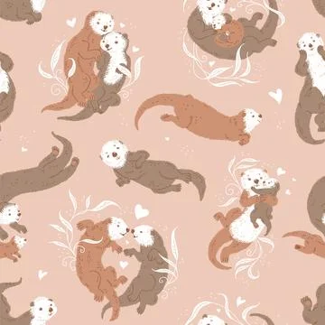 Seamless pattern design with sea adorable otters flat vector illustration. Stockillustratie