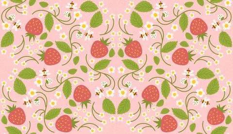 Seamless pattern design showcasing strawberries, sweet berries, flowers, gree Stock Illustration