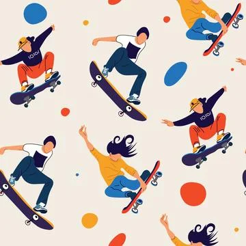 Seamless Pattern Design with Skater Characters Performing Tricks, Extreme S.. Stock Illustration