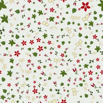 Seamless pattern design with small red flowers and green on neutral backgroun Stock Illustration