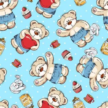 Seamless pattern design with teddy bears boys, hand drawn vector illustration. Stock Illustration