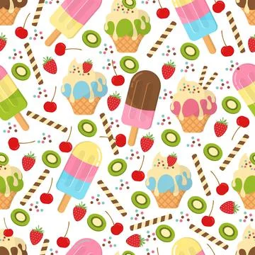 Seamless pattern design vector ice cream flat pastel colorful summer Stock Illustration