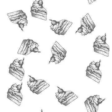 Seamless pattern dessert birthday cake piece sketch hand drawn Stock Illustration