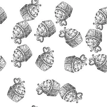 Seamless pattern dessert cupcake sketch hand drawn Stock Illustration