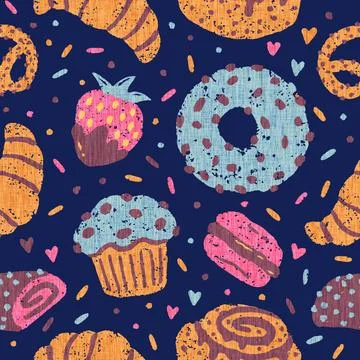 Seamless pattern of desserts. Pattern with donut, croissatns, cookies and c.. Stock Illustration