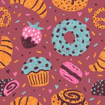 Seamless pattern of desserts. Pattern with donut, croissatns, cookies and c.. Stock Illustration