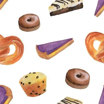 Seamless pattern with desserts. Sweets and pastries on white background Stock Illustration