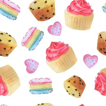 Seamless pattern with desserts. Sweets and pastries on white. Background with Illustrazione stock