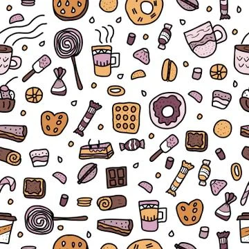 Seamless pattern of desserts. Sweets cakes, donuts, candy and others snacks i Stock Illustration