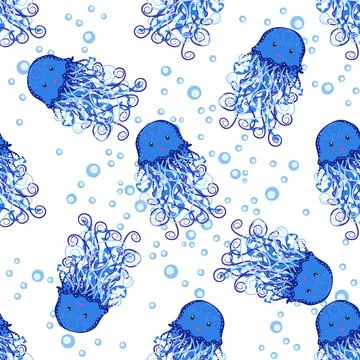 Seamless pattern with detailed transparent jellyfish. Childish seamless patte Stock Illustration