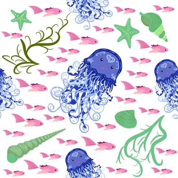 Seamless pattern with detailed transparent jellyfish. Childish seamless patte Stockillustratie