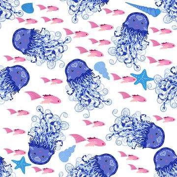 Seamless pattern with detailed transparent jellyfish. Childish seamless patte Stock Illustration