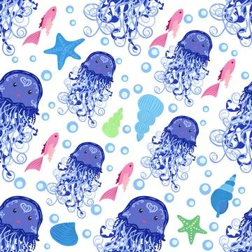 Seamless pattern with detailed transparent jellyfish. Childish seamless patte Stock Illustration
