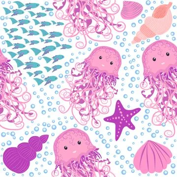 Seamless pattern with detailed transparent jellyfish. Childish seamless patte Stock Illustration