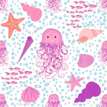 Seamless pattern with detailed transparent jellyfish. Childish seamless patte Stock Illustration