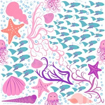 Seamless pattern with detailed transparent jellyfish. Childish seamless patte Stock Illustration