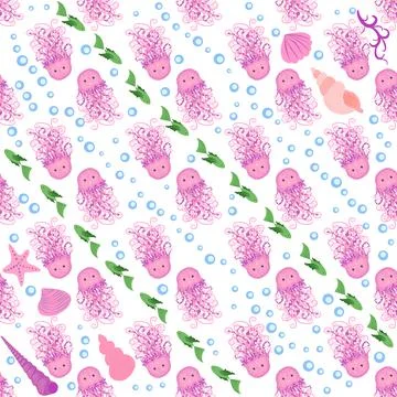 Seamless pattern with detailed transparent jellyfish. Childish seamless patte Stock Illustration