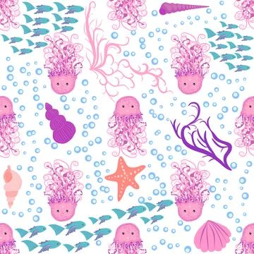 Seamless pattern with detailed transparent jellyfish. Childish seamless patte Stock Illustration