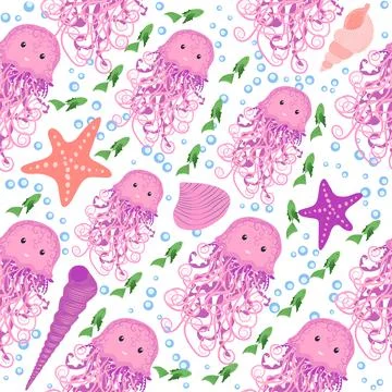 Seamless pattern with detailed transparent jellyfish. Childish seamless patte Stock Illustration