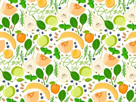 Seamless pattern with Detox day text and smoothie ingredients. Healthy fruits Stock Illustration