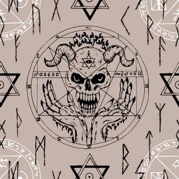 Seamless pattern with devil face, pentagram and runes 库存插图