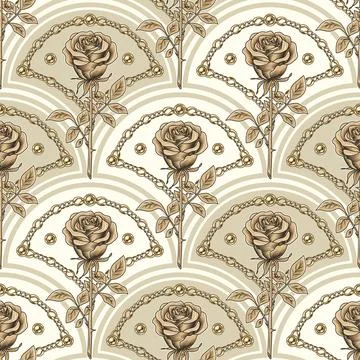 Seamless pattern with diagonal shell shaped grid, outline roses, chains, bead Stock Illustration