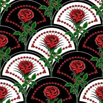 Seamless pattern with diagonal shell shaped grid with red roses, string of .. Stock Illustration