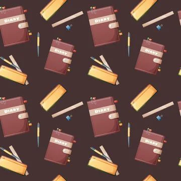 Seamless pattern with a diary, pencil case and stationery on a dark backgroun Illustrazione stock