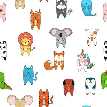 Seamless pattern with different animals Lion, crocodile, cat, deer, fox, ca.. Illustrazione stock