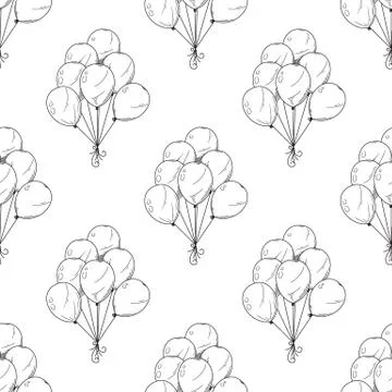 Seamless pattern. Different balloons. Inflatable balls on a string. Vector Stock Illustration