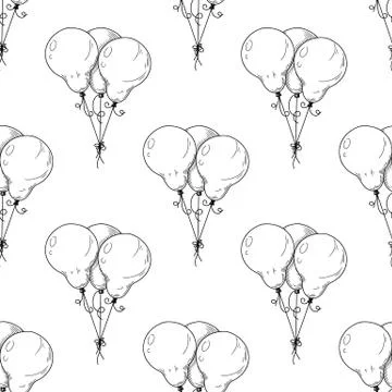 Seamless pattern. Different balloons. Inflatable balls on a string. Vector Stock Illustration
