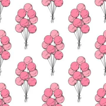 Seamless pattern. Different balloons. Inflatable balls on a string. Vector Stock Illustration