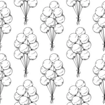 Seamless pattern. Different balloons. Inflatable balls on a string. Vector Stock Illustration