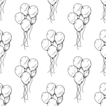 Seamless pattern. Different balloons. Inflatable balls on a string. Vector Stock Illustration